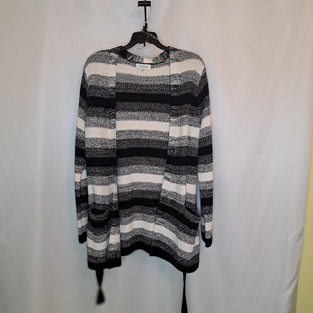 Calvin Klein Monochrome Black Cream Striped Cardigan Womens Size Med #62